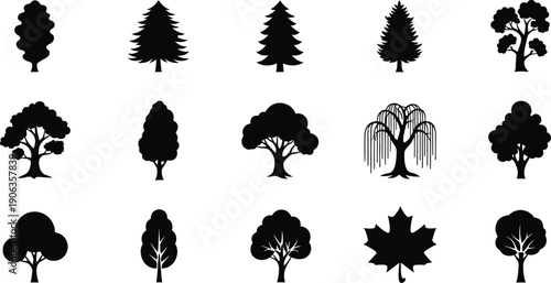 Black Tree and Leaf Silhouettes - Nature Icons for Design