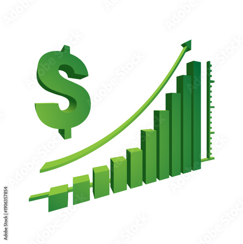 Rising green bar graph sits with a dollar sign above.