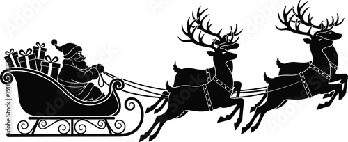 Santa Claus sleigh silhouette, reindeer flying with gifts, festive Christmas illustration, holiday tradition art, winter celebration, seasonal joy flavector