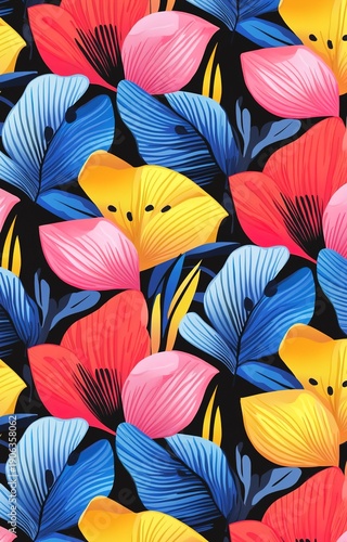 Wallpaper Mural Vibrant Floral Pattern with Bright Colors and Textured Leaves Torontodigital.ca