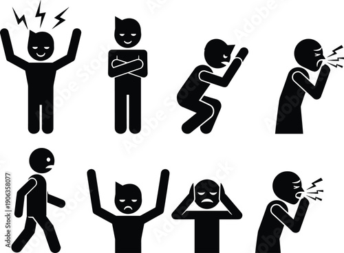 Silhouette figures showing anger, confidence, fear, shouting, distress, sadness, emotional reactions, human expressions, psychology, communication, stress, anxiety - flavector