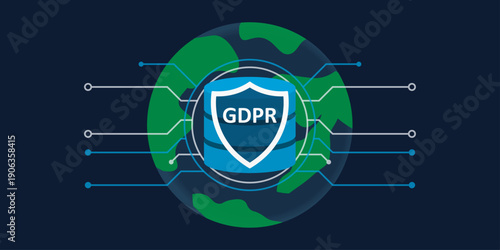 Central database icon with a GDPR shield surrounded by a global network. Glowing nodes on a map background. Professional, airy flat vector style for tech backgrounds.