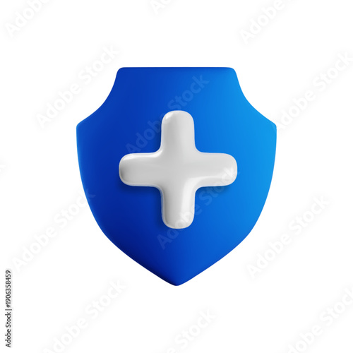 Vector cartoon 3d health protection icon. 3d render of blue shield with white medical cross. First aid sign. Antivirus safety, healthcare, immunity, medical insurance symbol for app, web, game, design
