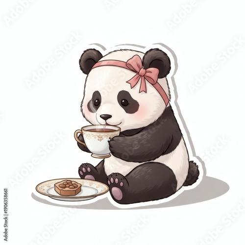 Cute cartoon panda character enjoying a cup of tea and a pastry, perfect for adorable animal illustrations and sweet, charming designs