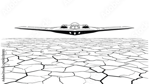 Aircraft Surveying Drought-Stricken Landscape Illustration for Climate Impact Assessment, Aerial Reconnaissance and Environmental Risk Reporting Vector Graphic