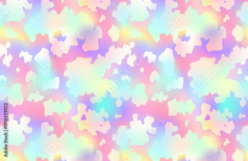 Abstract cow rainbow pattern background. Vector animal skin print, cute holographic grunge spots on foil gradient background. Natural stylized spotted texture for backdrop, decor, wallpaper, cover.