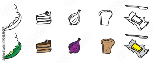 Hand drawn healthy food ingredients collection with fish vegetables fruits nuts herbs mushrooms spices line art doodle sketch on white background.