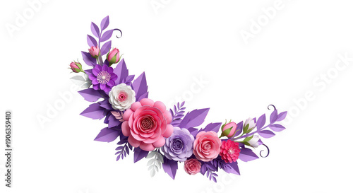 Beautiful curved border arrangement of handmade paper flowers and leaves in soft purples, pinks, and white, accented with delicate buds, ideal for elegant designs.