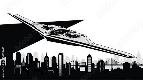 Stealth Jet Over Urban Skyline Illustration for Aerospace Technology, Defense Contracting and Advanced Aviation Industry Vector Art