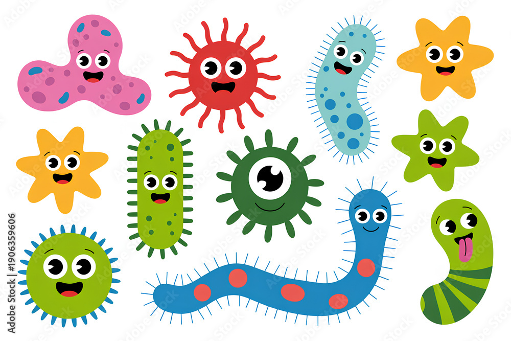 Obraz premium Collection of colorful cute cartoon bacteria and virus characters for kids education and health