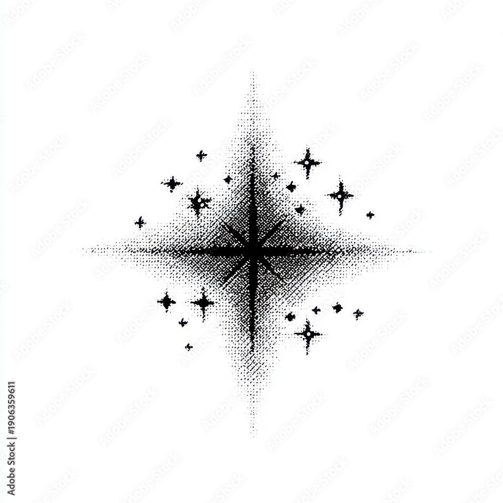 Fototapeta premium Black Starburst Sparkle Isolated On White Background Halftone Effect And Many Small Stars