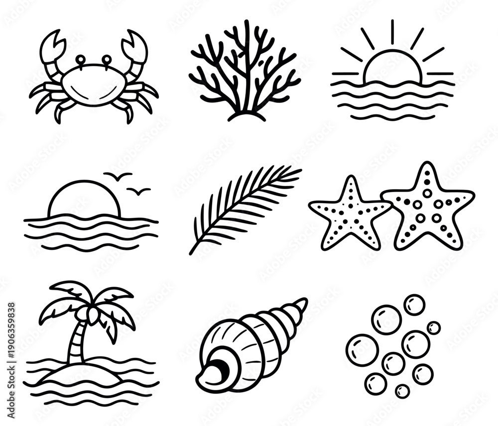 Obraz premium Hand drawn line art ocean elements set featuring a crab, coral, starfish, seashell, palm tree, and sun for summer vacation and beach themes