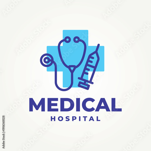stethoscope with inject healthcare medical line art icon logo vector illustration design