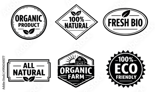 Grunge style organic and natural product labels set featuring various certifications and leaf motifs for healthy food and eco-friendly products