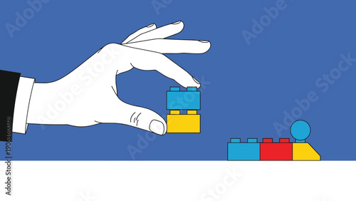 Hand meticulously placing colorful plastic building blocks onto a small toy train assembly against a solid blue background.