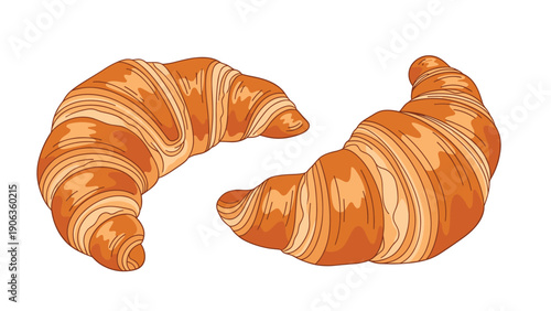 Two golden brown freshly baked croissants with a flaky texture resting on a plain white background for a bakery concept.