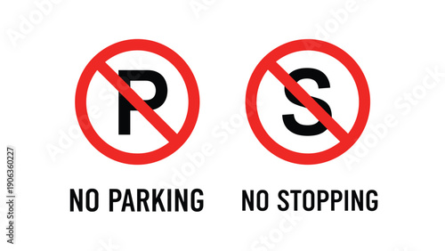 Graphic illustration of no parking and no stopping traffic signs with red circles and slash marks on a white background.