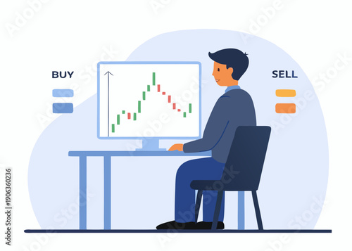 Man analyzing stock market graph on a computer considering buy and sell options