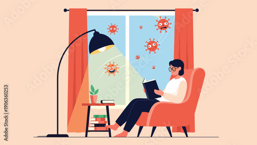 Woman reading a book comfortably at home while cartoon virus particles float outside the window during a quarantine period.