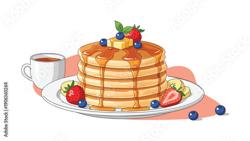 Large stack of fluffy pancakes topped with melting butter dripping maple syrup and surrounded by fresh berries and banana.