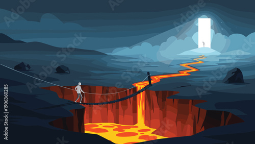 Person cautiously crossing a precarious rope bridge over a flowing lava pit in a dark landscape towards a glowing portal.