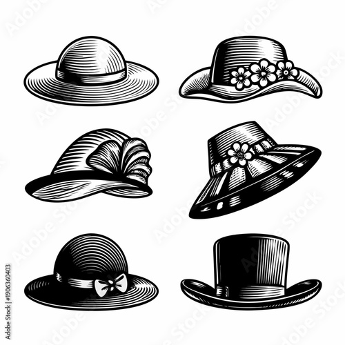 Vintage hats collection a black and white engraved illustration