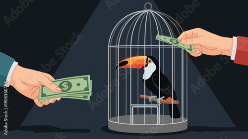Hands offering banknotes to a toucan bird inside a cage symbolizing illegal wildlife trade and animal exploitation.
