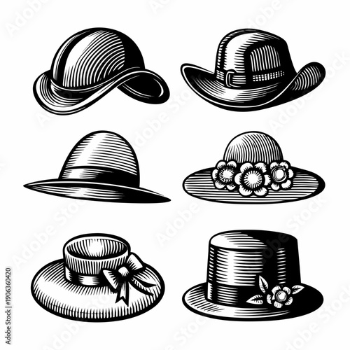 Vintage hats collection a detailed black and white engraving illustration