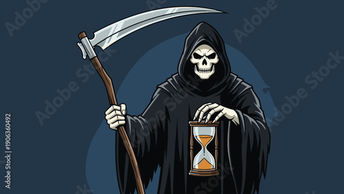 Menacing grim reaper character holding a sharp scythe and an hourglass representing the passage of time and death.