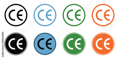 CE marking icon set, conformity symbols, signs, and logos in flat vector style, suitable for product labeling