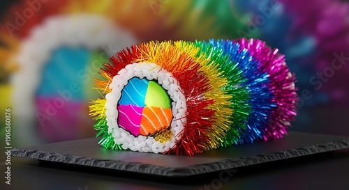 surreal, rainbow-colored sushi roll (maki) featuring a 