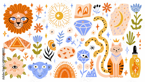 Whimsical illustration featuring a lion cat and various magical elements