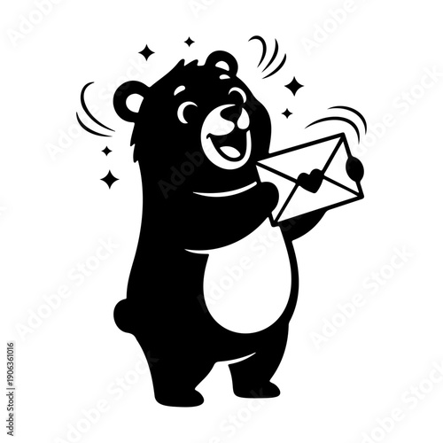 A jubilant cartoon bear standing upright, joyfully holding an envelope adorned with a small heart, suggesting a love letter.
