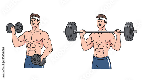 Muscular shirtless man performing bicep curls with a dumbbell and an overhead press with a barbell for strength training workout.