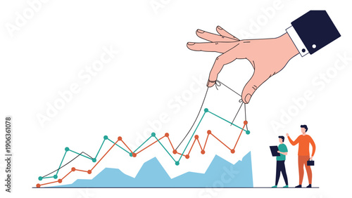 Giant hand controlling market growth and data lines with strings like a puppet master above two miniature business people.