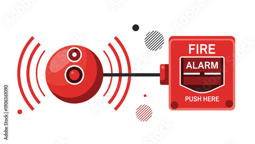 Red fire alarm station with a bell and a push handle connected by a wire to signal an emergency in a building safety system.
