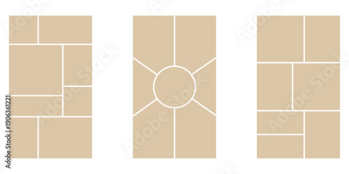 Image collage layout template. Beige mosaic mood board grid collection. Picture frame set. Photo album idea for banner, poster, comic page, flyer, brochure, booklet, memory wall design. Vector pack