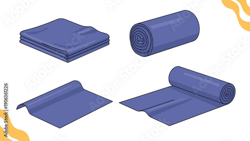 Collection of purple fabric shown in different states including neatly folded, rolled up, and spread out flat on a surface.