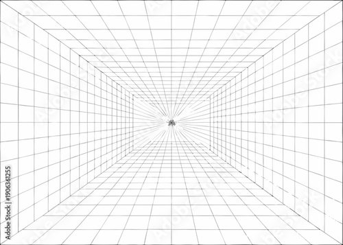 A black and white isometric grid converging to a vanishing point