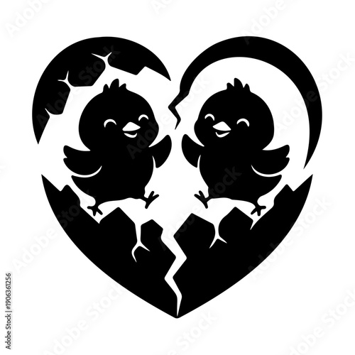 Two cute cartoon chicks are joyfully emerging from a cracked heart shape, symbolizing renewed love or hatching.
