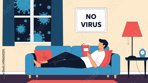 Illustration of a man relaxing on a sofa and reading a book inside a room with a No Virus sign while pathogens are seen outside.