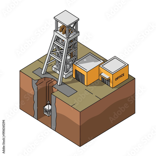 Underground Mine Shaft with Buildings and Hoist.