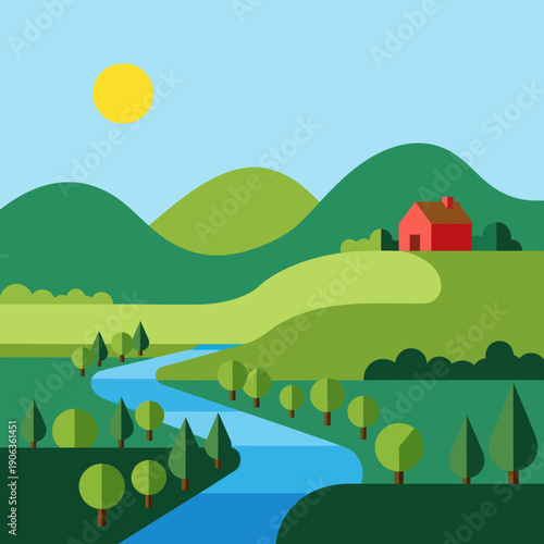 Red House in Green Landscape Illustration.
