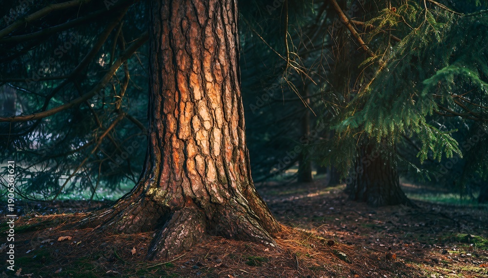 Obraz premium Close-up of a majestic pine tree trunk and its roots in a dark, moody forest, highlighting texture and the essence of nature.