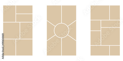 Image collage layout template. Beige mosaic mood board grid collection. Picture frame set. Photo album idea for banner, poster, comic page, flyer, brochure, booklet, memory wall design. Vector pack