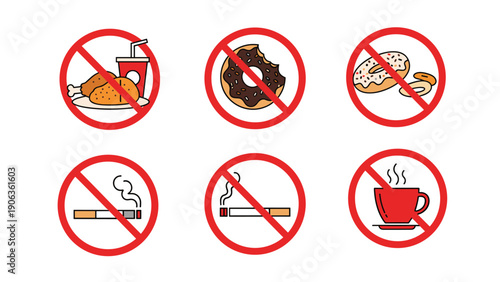 Set of six red prohibition signs covering icons of fast food, donuts, cigarettes, and hot beverages on a white background.