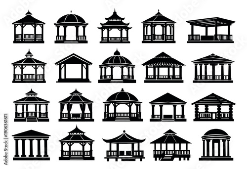 Silhouette gazebo and pavilion set featuring different architectural styles for outdoor garden and park designs