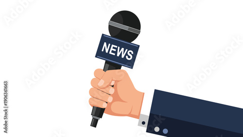 Close-up illustration of a hand in a business suit holding a professional news microphone with a News logo label.