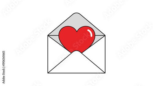 Simple illustration of an open white envelope with a large red heart sticking out of the top for Valentine's Day themes.