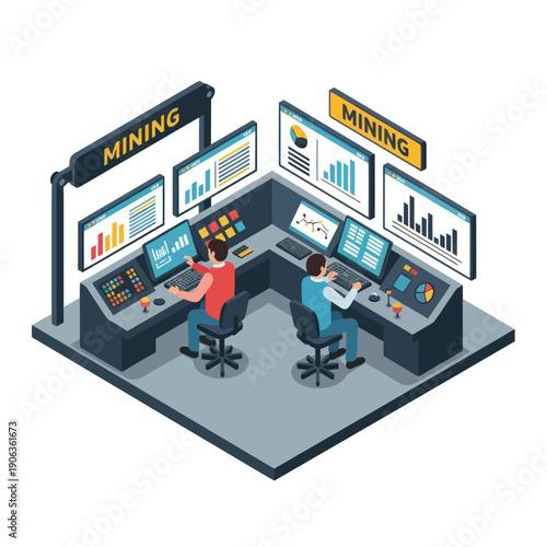 Two Miners Working on Computers in Control Room.